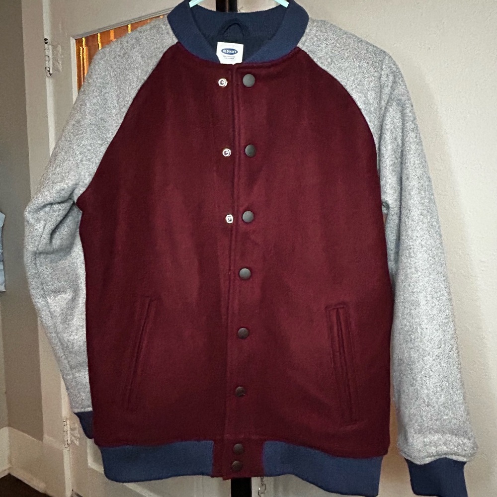 Old Navy Maroon Gray Varsity Jacket Juniors XL